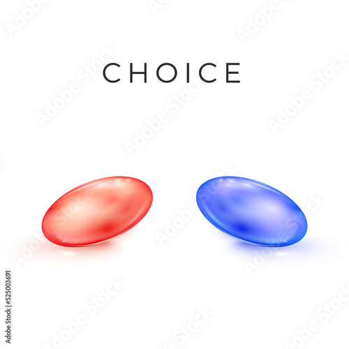 Red and blue transparent capsule drugs. Medical tablets in matrix style. Make a choice concept