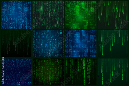 Set of data stream in matrix style. Abstract binary information. Encoded digital data cyber security concept. Sci fi futuristic background
