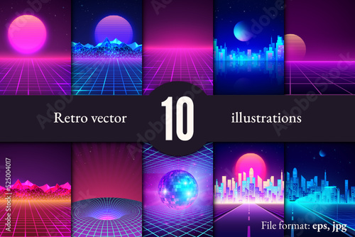 Set of retro futuristic backgrounds. Rave party flyer design template in 80s style. Retro cityscape, mountain landscape sunset skyline illustrations
