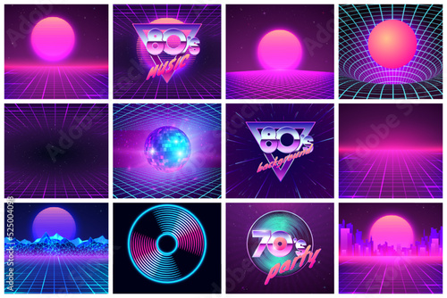 Retro futuristic background in 1980s style. Set of retro illustration for wallpaper or vinyl cover design