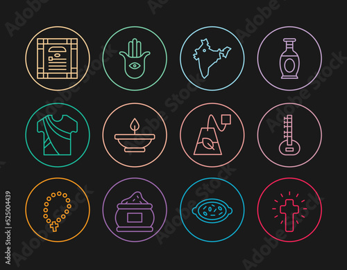 Set line Christian cross, Sitar, India map, Aroma lamp, Indian man dress, constitution day, Tea bag and Hamsa hand icon. Vector