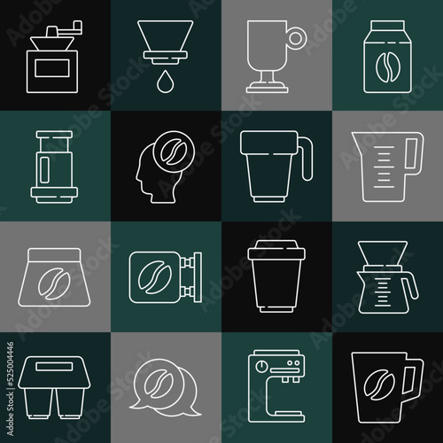 Set line Coffee cup, Pour over coffee maker, Jug glass with water, Irish, Barista, Aeropress, Manual grinder and icon. Vector