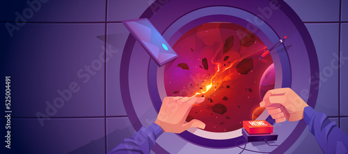 Male hands push home button front of spaceship porthole with view of space with star explode. Astronaut interstellar travel in cosmos, flight in shuttle, science discovery Cartoon vector illustration