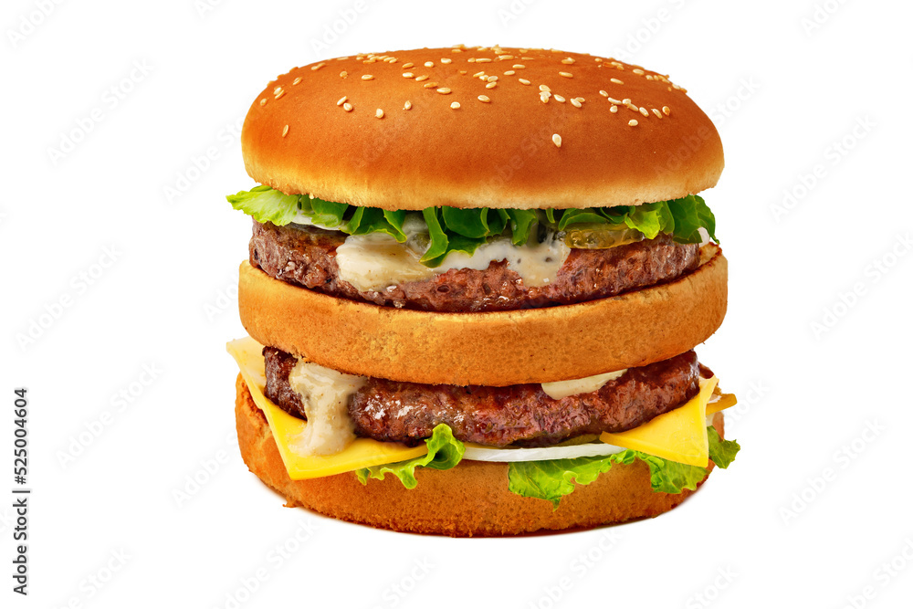 Fresh burger with beef patty isolated on white background Fresh burger with beef patty isolated on white background