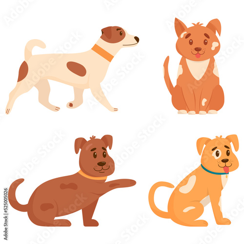 Set of cute dogs in different poses. Funny dogs isolated on white background. Flat vector illustration