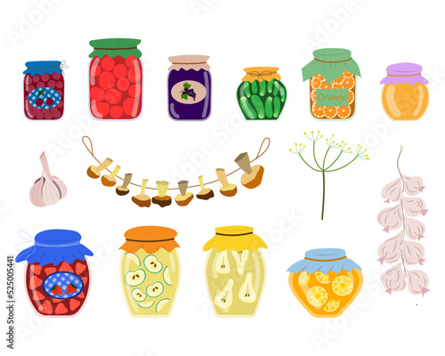A set of preparations for the winter, jars of jam and pickles, dried mushrooms, a bundle of garlic in a cartoon style