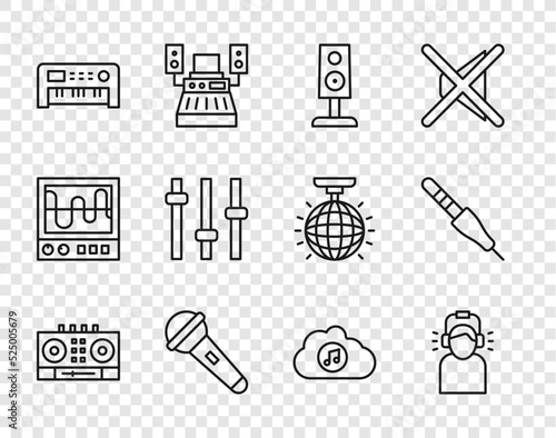 Set line DJ remote and mixing music, Man headphones, Stereo speaker, Microphone, Music synthesizer, equalizer, streaming service and Audio jack icon. Vector