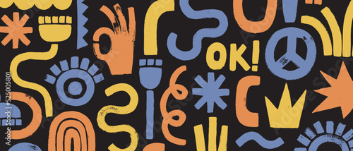 Background with colorful hand painted shapes, curls, forms, brush strokes and doodle objects.