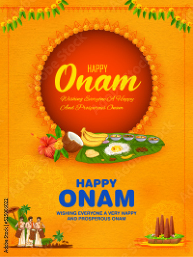 Colorful flower Pooklam rangoli design in celebration background for Happy Onam festival of South India Kerala