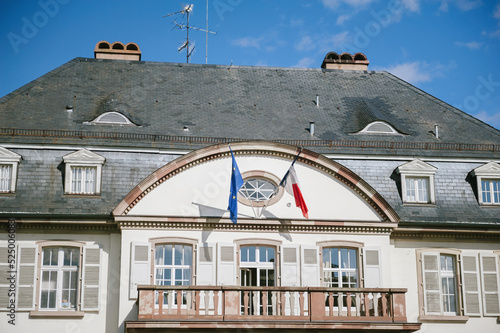 French and European union flags on the historic building of Permanent representation of France to the Council of Europe