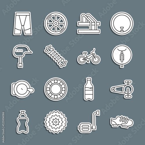 Set line Bicycle shoes, chain with gear, parking, suspension, helmet, Cycling shorts and icon. Vector