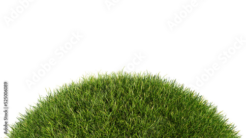 Grassy hill isolated on a white background. Grass sphere 3d rendering. Transparent background, PNG file photo