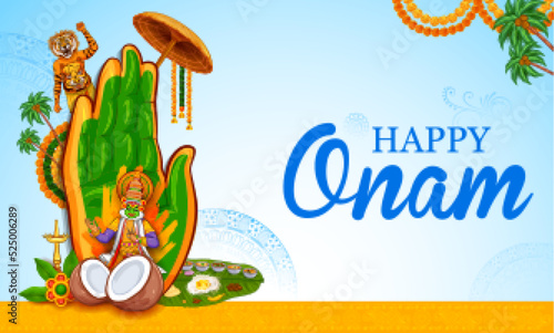 colorful Kathakali dancer on background for Happy Onam festival of South India Kerala