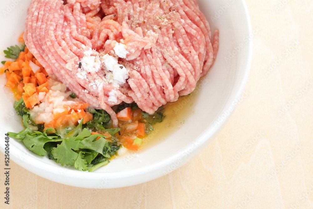 Minced pork, coriander leaves, carrot, and seasoning sugar salt and corn starch for meat ball cooking ingredient Minced pork, coriander leaves, carrot, and seasoning sugar salt and corn starch for meat ball cooking ingredient