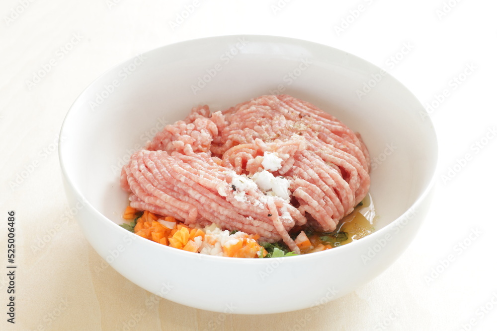 Minced pork, coriander leaves, carrot, and seasoning sugar salt and corn starch for meat ball cooking ingredient Minced pork, coriander leaves, carrot, and seasoning sugar salt and corn starch for meat ball cooking ingredient