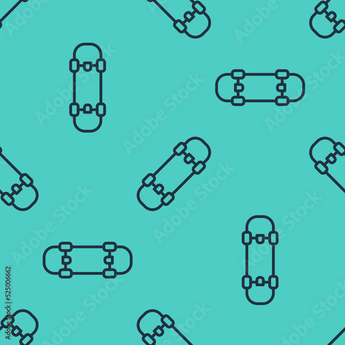 Black line Skateboard icon isolated seamless pattern on green background. Extreme sport. Sport equipment. Vector