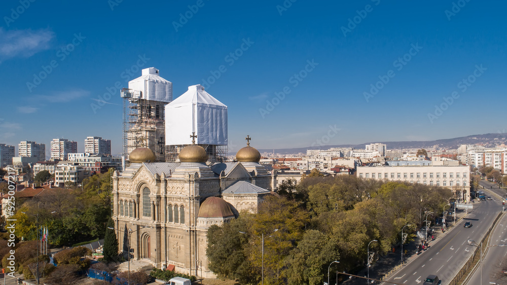 Restoration process of church, cathedral, maintenance and gold plating of its domes. The Cathedral of the Assumption in Varna, Bulgaria.