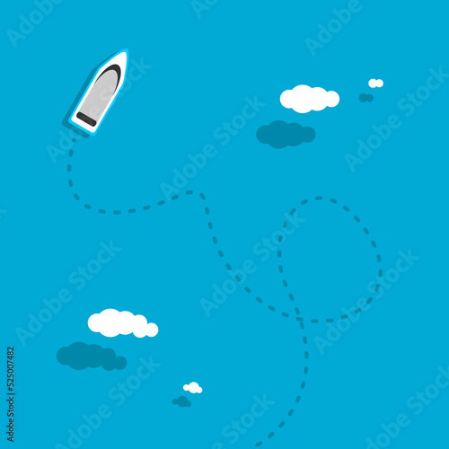 White speed boat travel floating water transport route path way in ocean blue sea with clouds in summer season top view flat vector design.