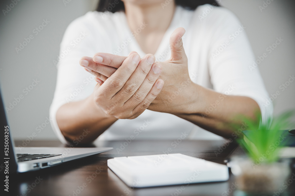 Arthritis person, finger woman ache from working in office. Concept