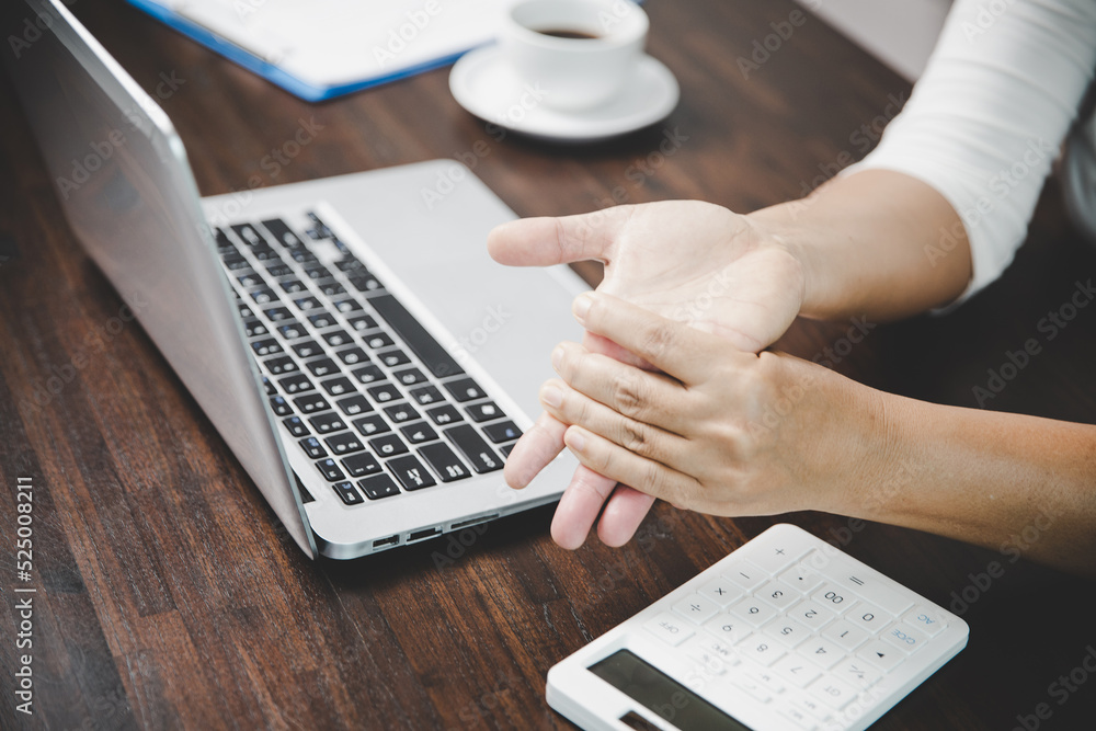 Arthritis person, finger woman ache from working in office. Concept