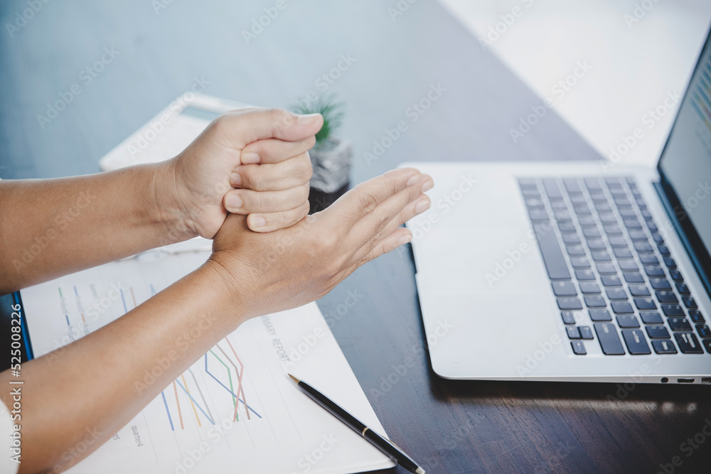 Arthritis person, finger woman ache from working in office. Concept