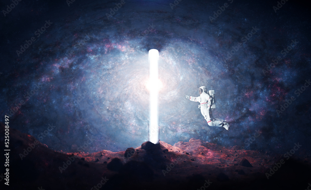 Obraz premium Astronaut on alien planet entering spacetime portal light