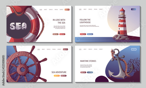 Set of web pages with steering wheel, anchor, lifebuoy, lighthouse. Maritime, sea coast, marine life, nautical concept. Vector illustration. Website, banner template.