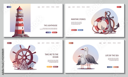 Set of web pages with steering wheel, anchor, lifebuoy, lighthouse, seagulls. Maritime, sea coast, marine life, nautical concept. Vector illustration. Website, banner template.