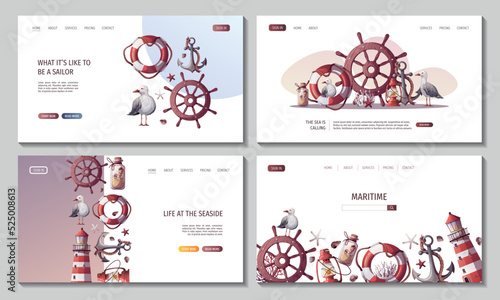 Set of web pages with steering wheel, anchor, lifebuoy, sand bottle, seagulls, seashells, lighthouse. Maritime, sea coast, marine life, nautical concept. Vector illustration. Website, banner template.