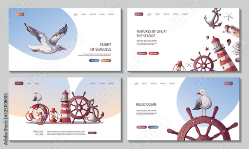 Set of web pages with steering wheel, anchor, lifebuoy, sand bottle, seagulls, seashells, lighthouse. Maritime, sea coast, marine life, nautical concept. Vector illustration. Website, banner template.