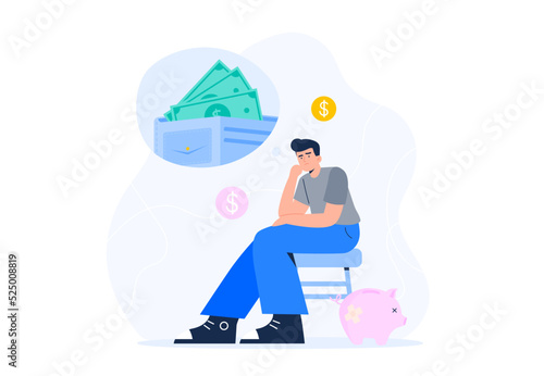 Money shortage concept. Bankruptcy, poverty, debt, and economic crisis. A depressed man thinks about money and unpaid loans. Vector flat illustration isolated on the white background.
