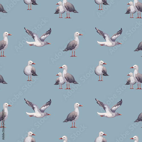 Seamless pattern with seagulls. Maritime, sea coast, marine life, nautical concept. Vector illustration.