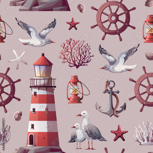 Seamless pattern with lighthouse, ship's steering wheel, anchor, corals, seagulls, seashells. Maritime, sea coast, marine life, nautical concept. Vector illustration.