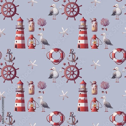 Seamless pattern with lighthouse, ship's steering wheel, anchor, corals, seagulls, seashells. Maritime, sea coast, marine life, nautical concept. Vector illustration.