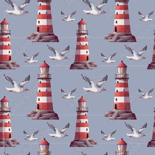Seamless pattern with Lighthouse and flying seagull. Maritime, sea coast, marine life, nautical concept. Vector illustration.