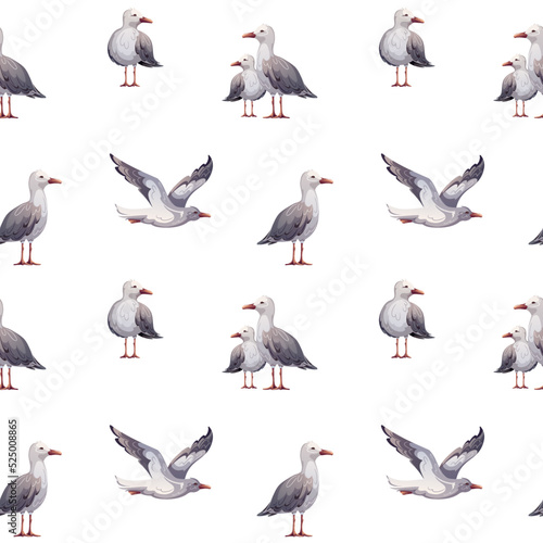 Seamless pattern with seagulls. Maritime, sea coast, marine life, nautical concept. Vector illustration.