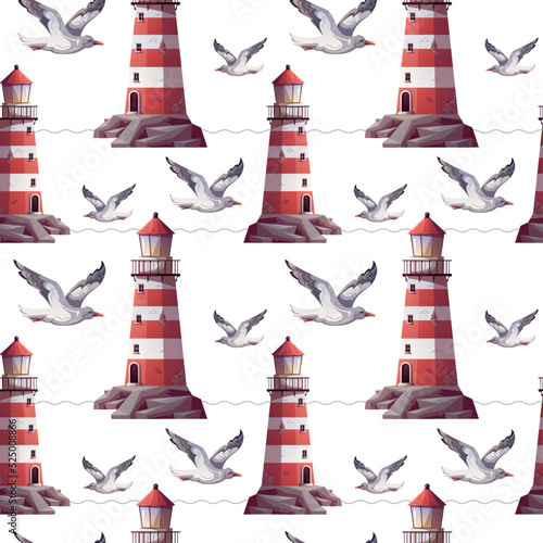 Seamless pattern with Lighthouse and flying seagull. Maritime, sea coast, marine life, nautical concept. Vector illustration.