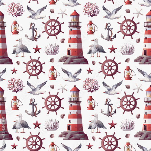 Seamless pattern with lighthouse, ship's steering wheel, anchor, corals, seagulls, seashells. Maritime, sea coast, marine life, nautical concept. Vector illustration.