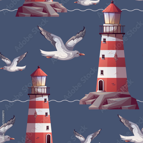 Seamless pattern with Lighthouse and flying seagull. Maritime, sea coast, marine life, nautical concept. Vector illustration.