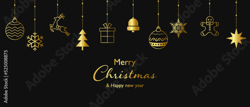 Luxury vector illustration background of gold Christmas ornaments on black background.