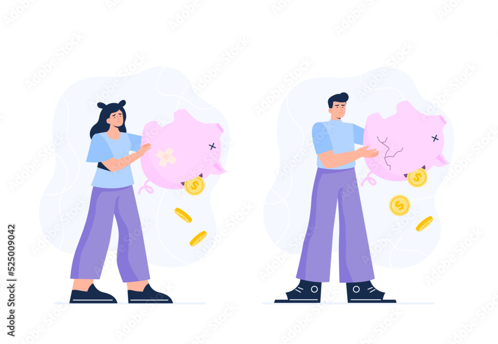 Lack of money concepts. Losing savings, poverty, debt, and financial crisis. Unhappy man and woman with a piggy bank in their hands. Vector flat illustrations isolated on the white background. Lack of money concepts. Losing savings, poverty, debt, and financial crisis. Unhappy man and woman with a piggy bank in their hands. Vector flat illustrations isolated on the white background.