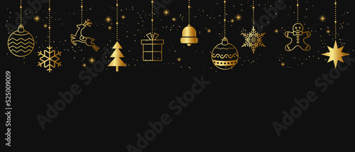 Luxury vector illustration background of gold Christmas ornaments on black background.