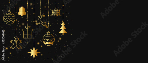 Canvastavla Luxury vector illustration background of gold Christmas ornaments on black background