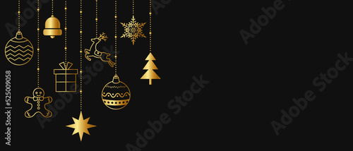 Luxury vector illustration background of gold Christmas ornaments on black background.