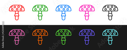 Set line Amanita muscaria or fly agaric hallucinogenic toadstool mushroom icon isolated on black and white background. Spotted poisonous mushroom. Vector