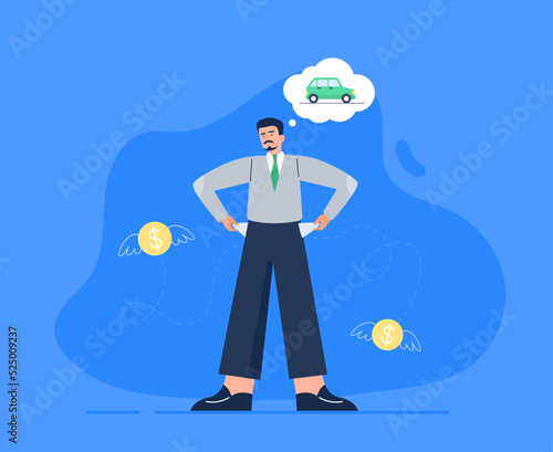 No money. Bankruptcy, poverty, economic crisis, and troubles. A young man is turning out his empty pockets and thinking about unpaid loans. Vector flat illustration isolated on the white background.