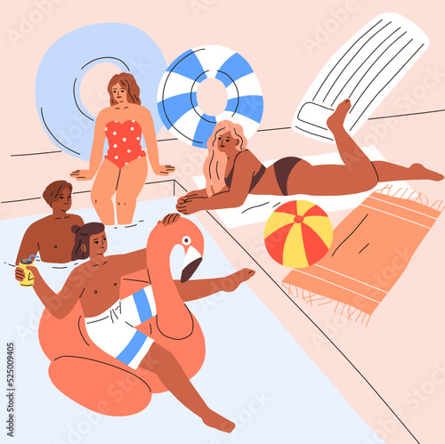 People relaxing at water pool on summer holiday. Diverse happy men, women friends swimming, lying and sunbathing, floating with inflatable ring on summertime vacation. Flat vector illustration
