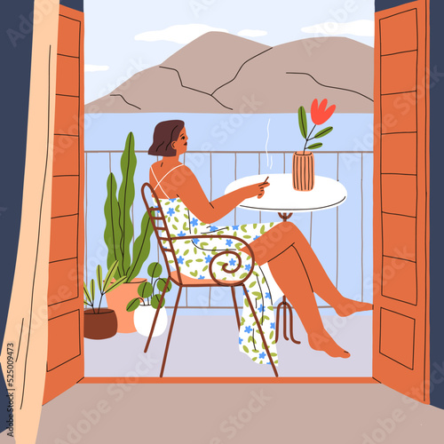 Woman relaxing at balcony with nature view. Girl contemplating landscape, sce...
