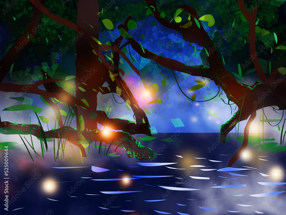 Fototapeta premium Beautiful Fantasy Forest At Night With Dreamy Faery Lights