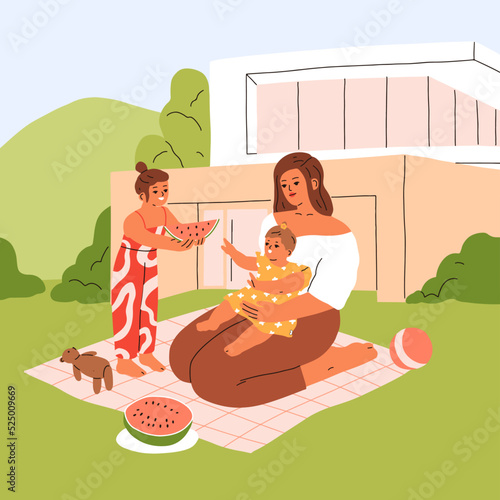 Mother and kids relaxing on backyard, sitting on picnic blanket outdoors. Mom and girls children resting together on grass lawn on summer holiday, summertime weekend. Flat vector illustration